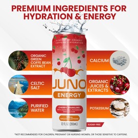 JUNO ENERGY Organic Cherry Sparkling Drink - Sugar Free Electrolytes, Energizing and Hydrating with 125mg Organic Caffeine from Green Coffee Beans, Organic Monk Fruit, Organic Sour and Black Cherry Juice & Electrolytes - Vegan, Gluten Free, 12 Pack