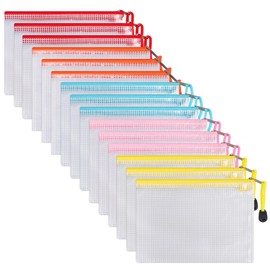 Pack of 30 Document Bags, ipow Zip Pouches, Mesh Bags Set, Zipper Bags for File, Documents, Cosmetics and Travel Utensils (Multicoloured, A6, 15 Pieces)