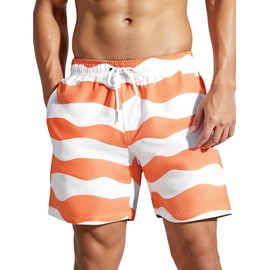 MADHERO Mens Short Swim Trunks 5 Inch Inseam Quick Dry Print Beach Shorts with Mesh Lining and Pockets Orange White Wave Size M