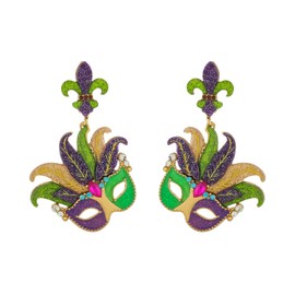 Madison Tyler Mardi Gras Dangle Earrings for Women | Fun Purple Green Gold Feather Mask Earrings | Carnival Parade Party Jewelry Gifts