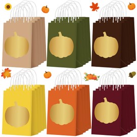 Zhanmai 24 Pcs Fall Pumpkin Gifts Goodies Bags with Handles Fall Party Favors Orange Brown Thanksgiving Treat Candy Bags with Pumpkin Pattern Paper for Autumn Gift Wrapping Party Supplies