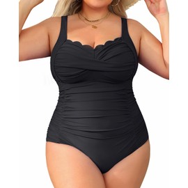 Aqua Eve Women Plus Size Swimsuits One Piece Tummy Control Bathing Suits Retro Scalloped Twist Front Swimwear Black 18W