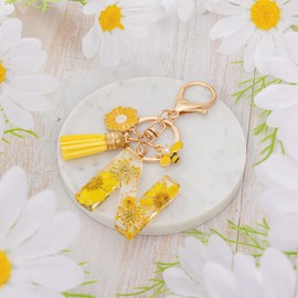 MWOOT Letter Keychain Initial Keyring Letter, Alphabet Resin Flower Key Chain with Daisy Bee Tassel Pendant Handbag Purse Charm, Yellow Petal Keyring for Women, Yellow-n