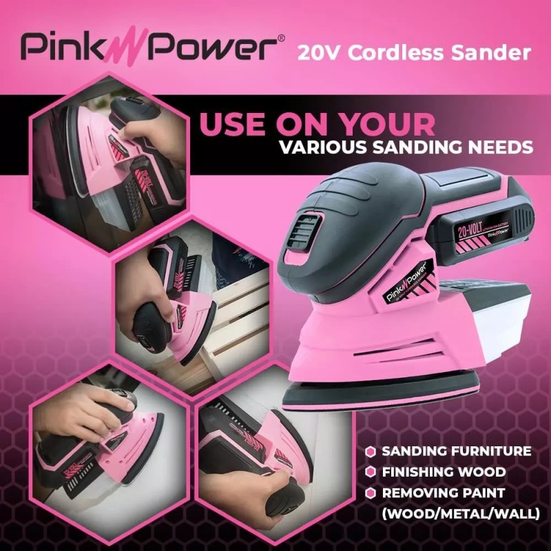 Pink Power 20V Cordless Handheld Wood Detail Sander w/ Battery