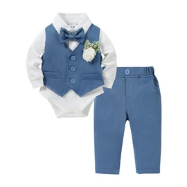 SOLOYEE Baby Boys Formal Suit, Infant Gentleman Wedding Outfit Newborn Bodysuit + Pants + Waistcoat + Bow Tie + Corsage Christening Clothes 5Pcs Set (Blue, 0-3 Months)