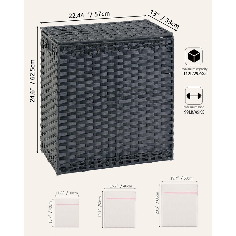 SETVSON Laundry Hamper with Lid Wicker Laundry Basket 112L, Black