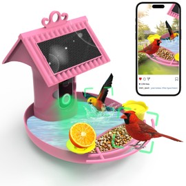 Bird Feeder with Camera - 4K HD Live View, Smart Bird Feeder Solar Powered, AI Recognition Auto Capture Video, 3-in-1 Feeding & Bathing & Hummingbird, Outdoor Garden Bird House (Pink)