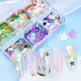 6 Girds Rabbit Nail Glitter, Easter Bunny Head Nail Art Glitters,Holographic Easter Nail Sequins, 3D Colorful Rabbit Head Glitters,Spring Nail Art Designs Glitters,Easter Decor