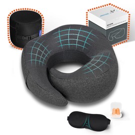 MULIHOMI New Packaging Updated Travel Pillow for Airplane with 100% Memory Foam, 360° Adjustable Full Surrounding Flying Neck Pillows, Travel Pillow Set with 3D Eye Masks, Earplugs (Black)