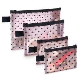 TRAKWAN 4-Piece Heart Printed Mesh Makeup Bag Set, Portable Travel Mesh Cosmetic Bags Toiletry Bags Makeup Purse Bags Mesh Zipper Storage Pouches for Home Offices Travel Accessories (Pink)