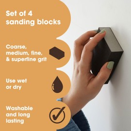 Furniture Clinic Sanding Block - Pack of 4 Wet & Dry Sanding Sponges (60,80, 120, 220) - Abrasive Grit Sandpaper Blocks for Wood, Walls & Ceilings