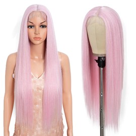 Style Icon 32-Inch Long Straight Wig Mid-Part Lace Front Silky Smooth Synthetic Pink Wig