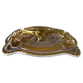 Classic Golden Floral Pattern Silver Bottom Golden Long Horn Bull Western Cowboy Fashion Belt Buckle Motorcycle Rider Street Punk Style Men's Western Belt Buckle