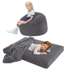 COMAX Kids Bean Bag Chair Turn into Beanbag Bed, Toddler Bean Chair Corduroy for Girl Boy Sleeping, Lazy Children Bean Bags with Filler, Convertible Child Floor Mattress, Charcoal