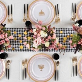 EcoQuality 8.6" inch Round Plastic Plates White Hanukkah Salad Plates with Gold Glitter Stamp Chanukah Menorah Design Hanukkah Party Disposable Dessert China Like Heavy Duty Dinner Plate (120 PACK)