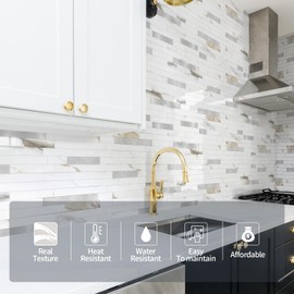 Yipscazo 1 Sheet Peel and Stick Stone Metal Tile Backsplash, Stick on Tiles for Backsplash Kitchen, Bathroom, Laundry Room, Camper, Fireplace (12'' X 12'', Polished Marble)