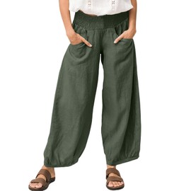 TITOMD Womens Linen Wide Leg Pants Casual Loose Elastic Waisted Harm Beach Palazzo Pants with Pockets Olive M