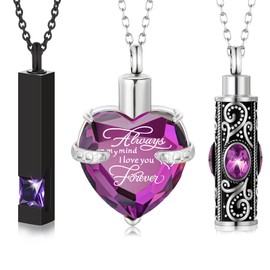 MTLEE MTLEE 3 Pieces Cremation Urn Necklace for Ashes Vertical Bar Zircon, Heart Crystal Necklace Urn Stainless Steel Waterproof Memorial Pendant(Purple Zircon)