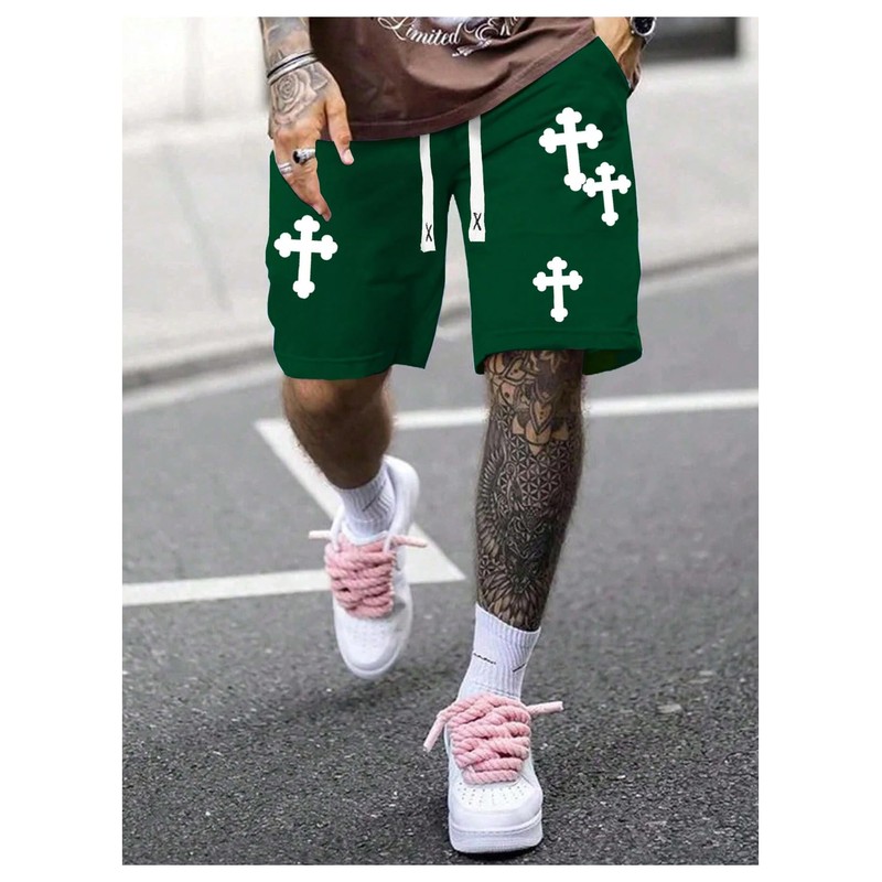 VIPWOLF - Pantalones cortos con estampado de cruz para hombre,
