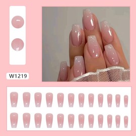 24Pcs Pink Gradient Square Press on Nails Medium square Fake Nails Milky Glitter French Tips Artificial Nails False Nails Pink Nude Full Cover Stick on Nails for Women manicure decoretion