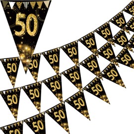 KTFNOMES Happy 50th Birthday Banner Bunting Flags Gold and Black Glitter Anniversary Party Decoration Supplies,50th Birthday Triangle Flag Banners for Men Women,7.1 x 10.2 inch,40 Pieces