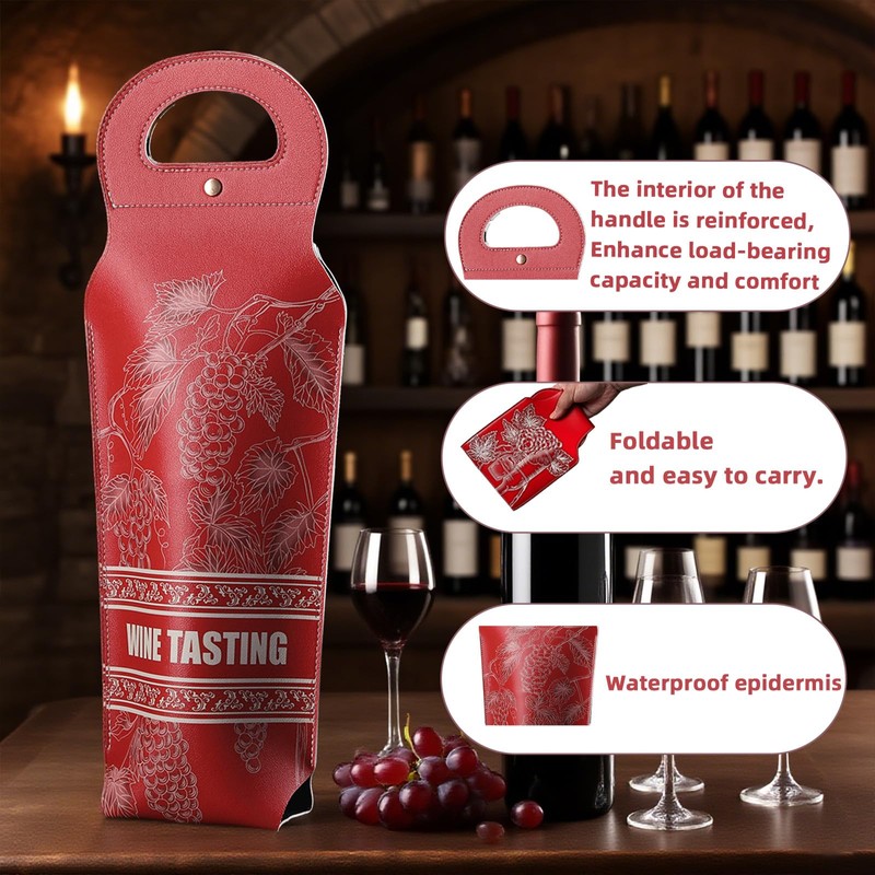 Wine Gift Bag, PU Leather Single-Bottle Wine Tote Carrier, Reusable