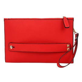 NIGEDU Women Envelope Clutch Bag PU Leather Female Day Clutches Large Purse Evening Bags with Wrist Strap, Red, Medium