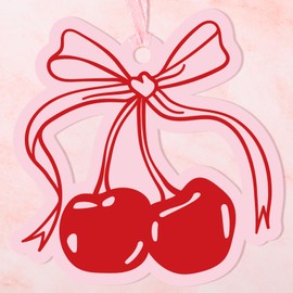 JarThenaAMCS 100Pcs Cherry Gift Tags Pink Red Bow Cherry Paper Tags with Silk Rope Hanging Label Tags for Wrap Accessories Party Favor Supplies