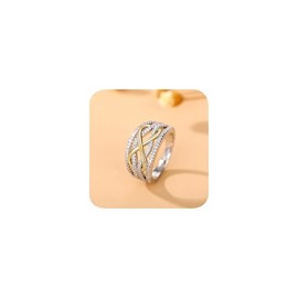 Shiny Full Diamond Gemstone Ring 14K Gold Cross Cubic Zirconia Unlimited Promise Rings CZ Multi Row Diamond Cocktail Rings Eternity Engagement Wedding Band Ring for Women 8#