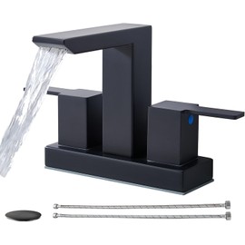 IKEBANA Matte Black Waterfall Bathroom Faucet, 4 inch 2 Handle 304 Stainless Steel Bathroom Sink Faucet, Modern Waterfall Spout Lead-Free Sink Faucets with Pop-up Drain and Supply Hoses, IK-QK2324