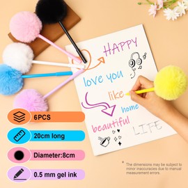 SBYURE Colorful Pompom Pens 6 Pack Multicolor Fuzzy Pens Matching 6 Colored Ink (Black, Silver, Purple, Pink, Blue, Orange) | Fluffy Pen for Drawing, Journaling & Gifts