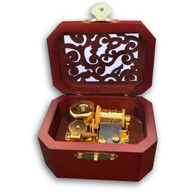 BinkeGG Play (Swan Lake) Brown Wooden Hollow Out Octagonal Music Box with Sankyo Musical Movement (65 Tunes Option)
