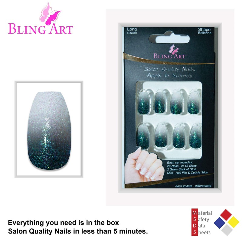 Bling Art False Nails Black Gel Ombre Ballerina Coffin 24