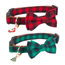 ADOGGYGO Christmas Dog Collar with Bow, Removable Bowtie, Adjustable Red Green Plaid Christmas Collars for Medium Dogs (Medium)