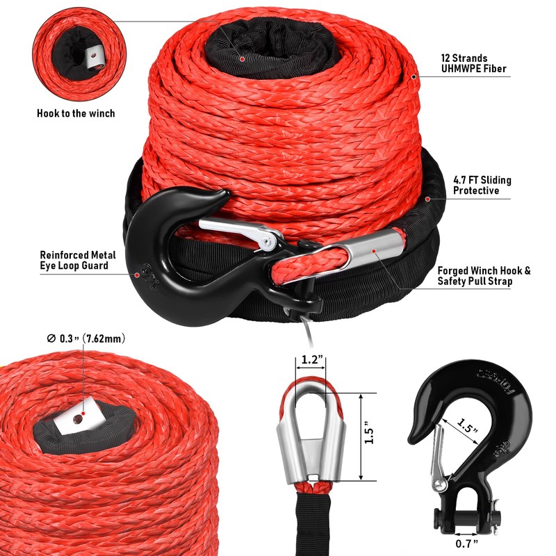 3/8" x 92ft Synthetic Winch Rope, 26500lbs Winch Rope Cable