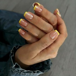 Uñas postizas cortas con punta francesa cuadrada y pegamento, color nude natural, 15 tamaños, kit de 30 uñas postizas de gel suave para mujer, ajuste 