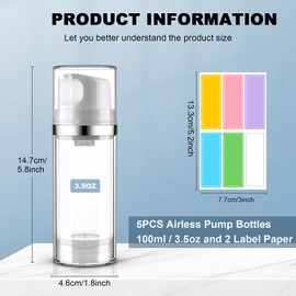 Cosywell Airless Pump Dispenser Bottles 5 Pack 3.4oz/100ml Empty Moisturizer Pump Dispenser Airless Cosmetic Pump Container Travel Pump Bottles for Toiletries Shampoo Lotion