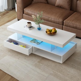 LUMISOL High Gloss Coffee Table with 16 Color LED Lights, UV Cocktail Table with Storage Drawer, Modern Center Table with Storage Shelf for Living Room, White