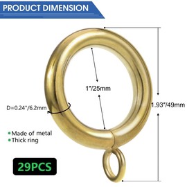 Large Wire Diameter Metal Curtain Ring with Inner Diameter of 25mm, 6.2mm Wire Diameter Fit up 22mm Curtain rods (Gold-29Pcs)