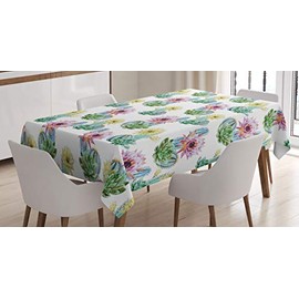 ABAKUHAUS Cactus Tablecloth, Mexican Plant Cactus, Dining Room Kitchen Rectangular Table Cover, 54 W X 66 L, Pink Green and Blue