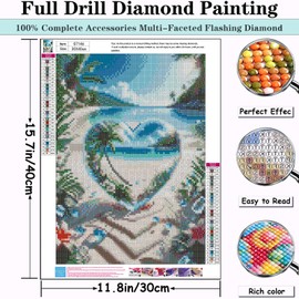 BXXRBX Heart Diamond Art Kits for Adults- Beach Diamond Painting Kit, Landscape DIY 5D Full Round Drill Gem Art for Great Home Wall Decoration Gift 12x16 Inch