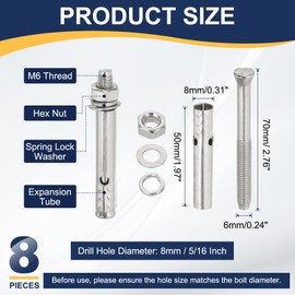 PATIKIL M6 x 70mm 304 Stainless Steel Expansion Bolts, 8 Pcs External Hex Expansion Screw Bolt Sleeve Lengthened for Concrete Drywall Construction Projects, Silver