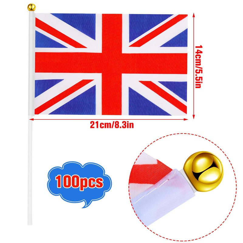 100 Pcs British Stick Flags British Union Flags 5 x