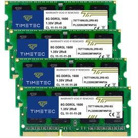 Timetec 32GB KIT(4x8GB) DDR3L / DDR3 1600MHz (DDR3L-1600) PC3L-12800 / PC3-12800 Non-ECC Unbuffered 1.35V/1.5V CL11 2Rx8 Dual Rank 204 Pin SODIMM Laptop Notebook PC Computer Memory RAM Module Upgrade
