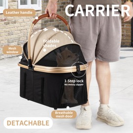 3 in 1 Pet Stroller with 4 Wheels, Foldable Pet Travel Carrier for Small/Medium Dogs Cats up to 50lbs, Detachble Portable Pet Bag, Storage Basket