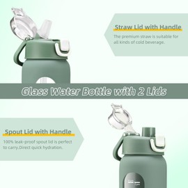 chunmo 32 oz Glass Water Bottles with 2 Lids-Handle Spout Lid & Straw Lid, 1 Liter Motivational Borosilicate Water Bottle with Time Marker and Silicone Sleeve,Leakproof-Olive-1 Pack
