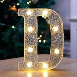TEHIBIEN Marquee Light Up Letters, Glitter Silver LED Letter Lights Battery Powered Alphabet Letter Sign for Night Light Wedding Birthday Party Cafe Bar Decoration Girls Room Decor - Letter D