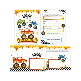 8 Invitation Cards Including 8 Envelopes for Children's Birthday Boys Monster Truck Car Invitations for Birthday Children Invitation Set