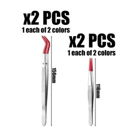 Pack of 2 Elbow Tweezers and 2 Pointed Tweezers, Stainless Steel Tweezers, Gripping Tools for Crafts, Laboratory, Jewellery