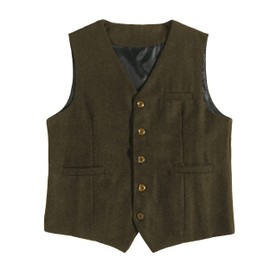 EFORLED Men's Tweed Wool Formal Suit Vest Waistcoat, Neck Tie, 1920s Pocket Watch and Wedding Boutineers for Groomsmen,Khaki,S